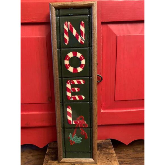 Noel Ceramic Tile Sign Christmas Decorations 23 x 6" Framed Candy Cane Holly EUC - Picture 1 of 2
